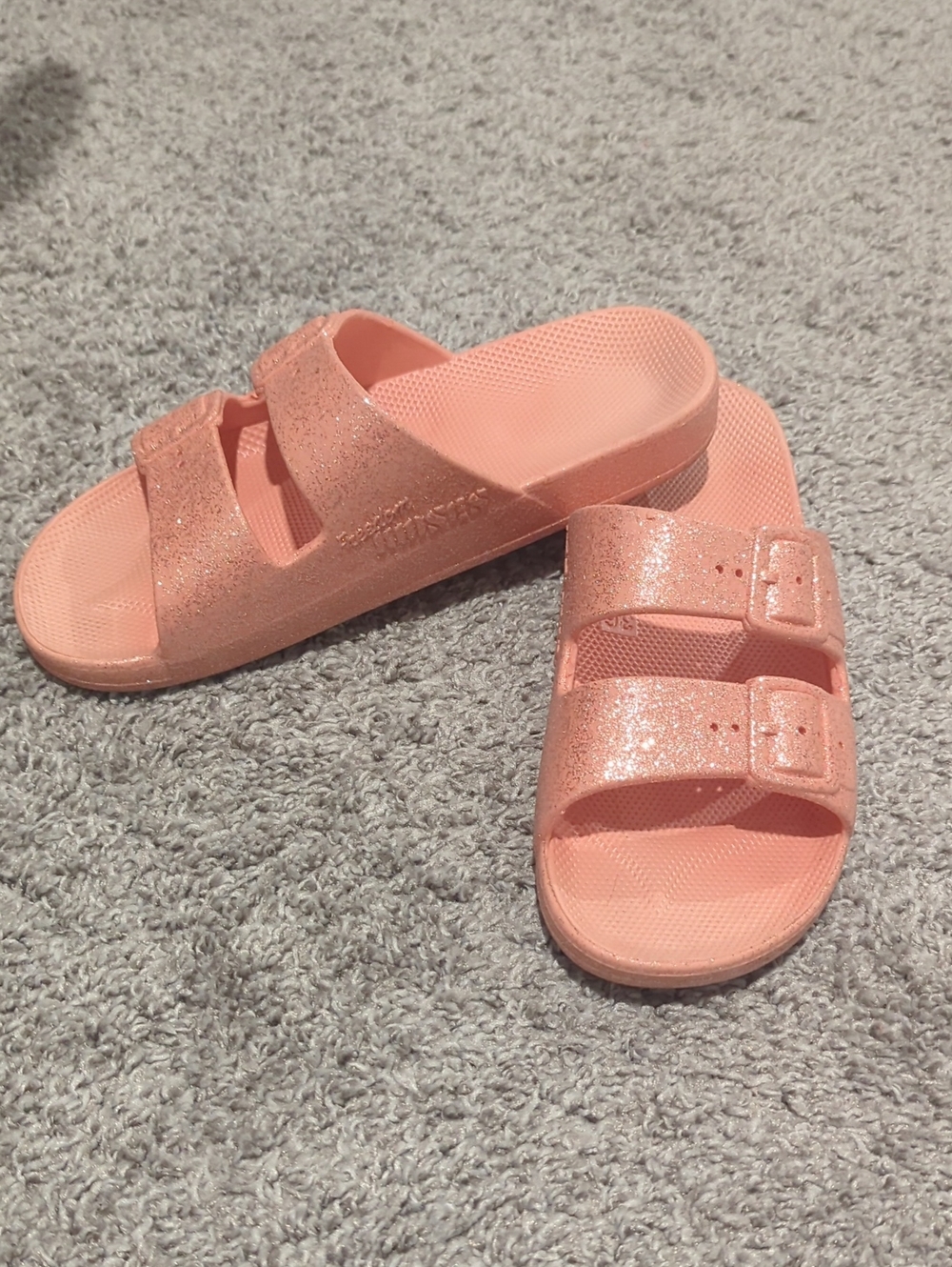 Sparkle Double-Buckle Slide Sandals in Coral Pink